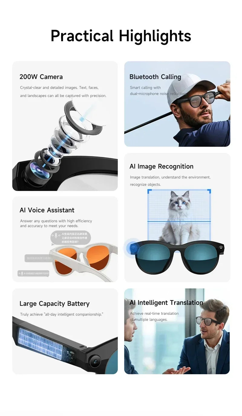 Lunettes connectées IA avec caméra, audio Bluetooth et traduction