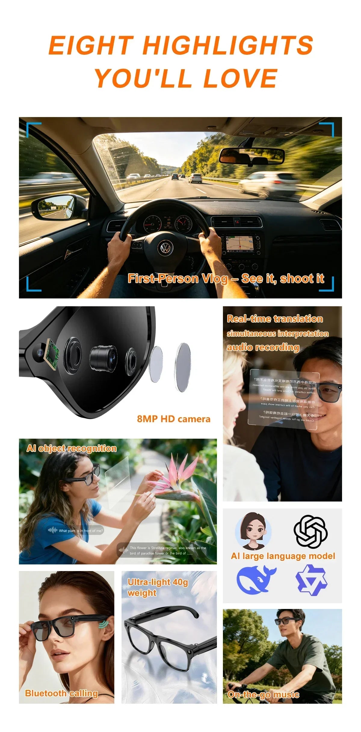 Lunettes connectées IA avec caméra, audio Bluetooth et traduction
