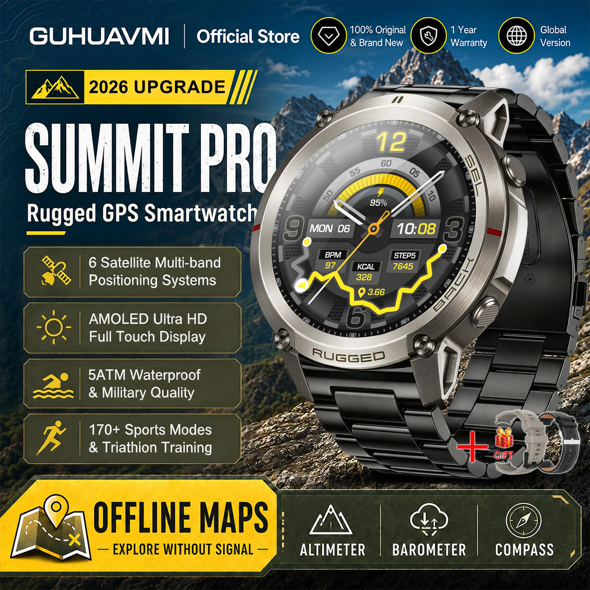 Montre connectée outdoor AMOLED — GPS, cartes hors ligne et 5 ATM annoncés