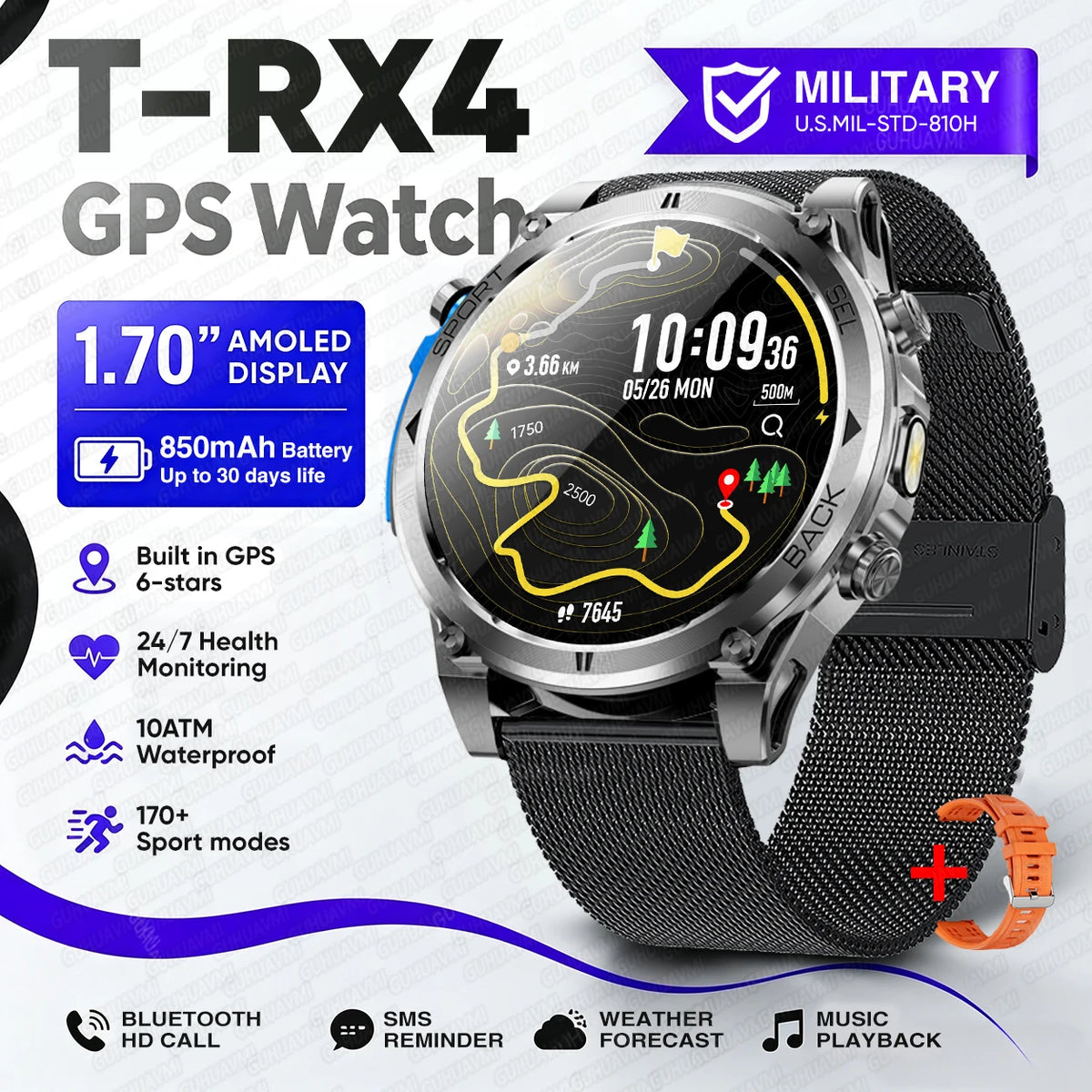 Montre connectée outdoor T‑RX4 — GPS, AMOLED et étanchéité 10 ATM annoncée