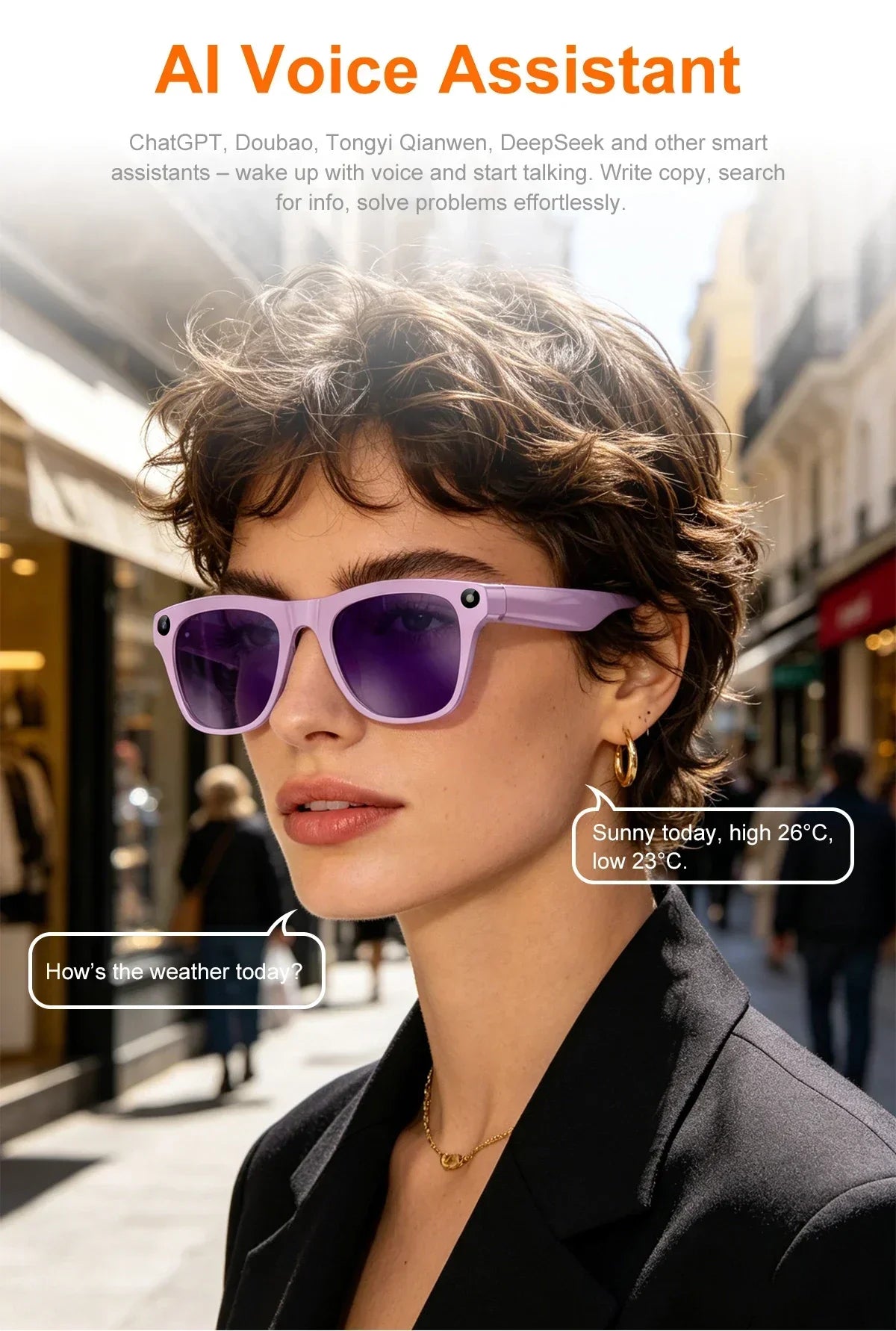 Lunettes connectées IA avec caméra, audio Bluetooth et traduction