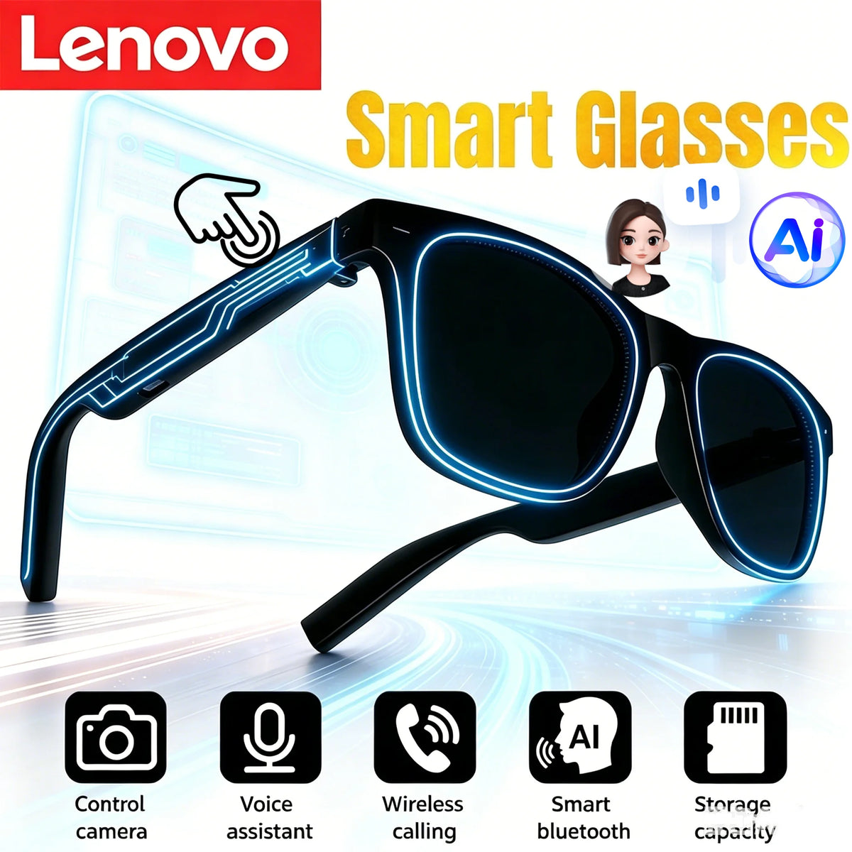 Lunettes connectées IA avec caméra, audio Bluetooth et traduction