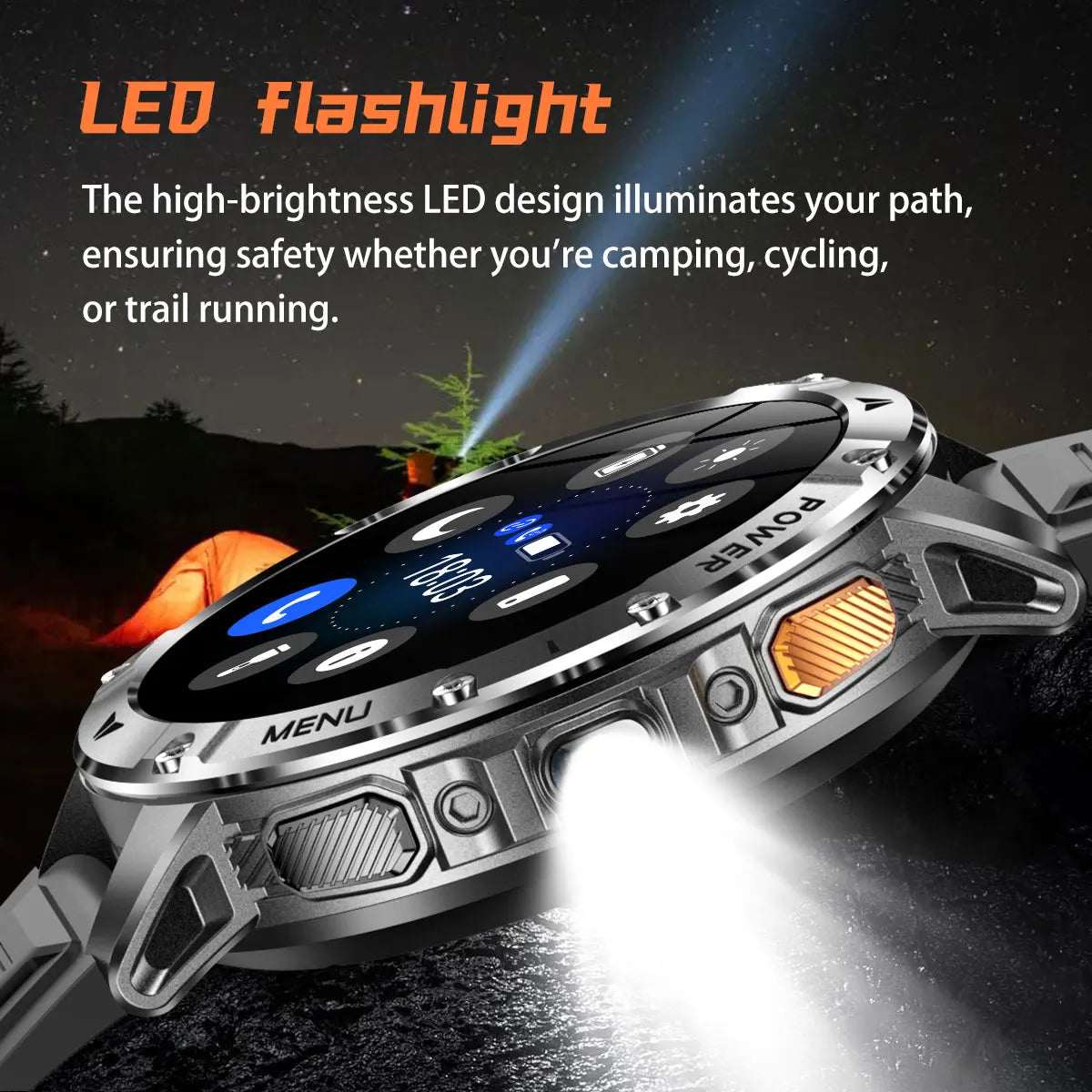 Montre connectée outdoor — 10 ATM annoncés, lampe LED et appels Bluetooth