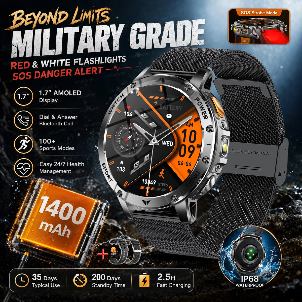 Montre connectée outdoor — 10 ATM annoncés, lampe LED et appels Bluetooth